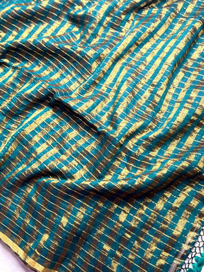 Handwoven Cotton Saree -  Teal Green + Gold