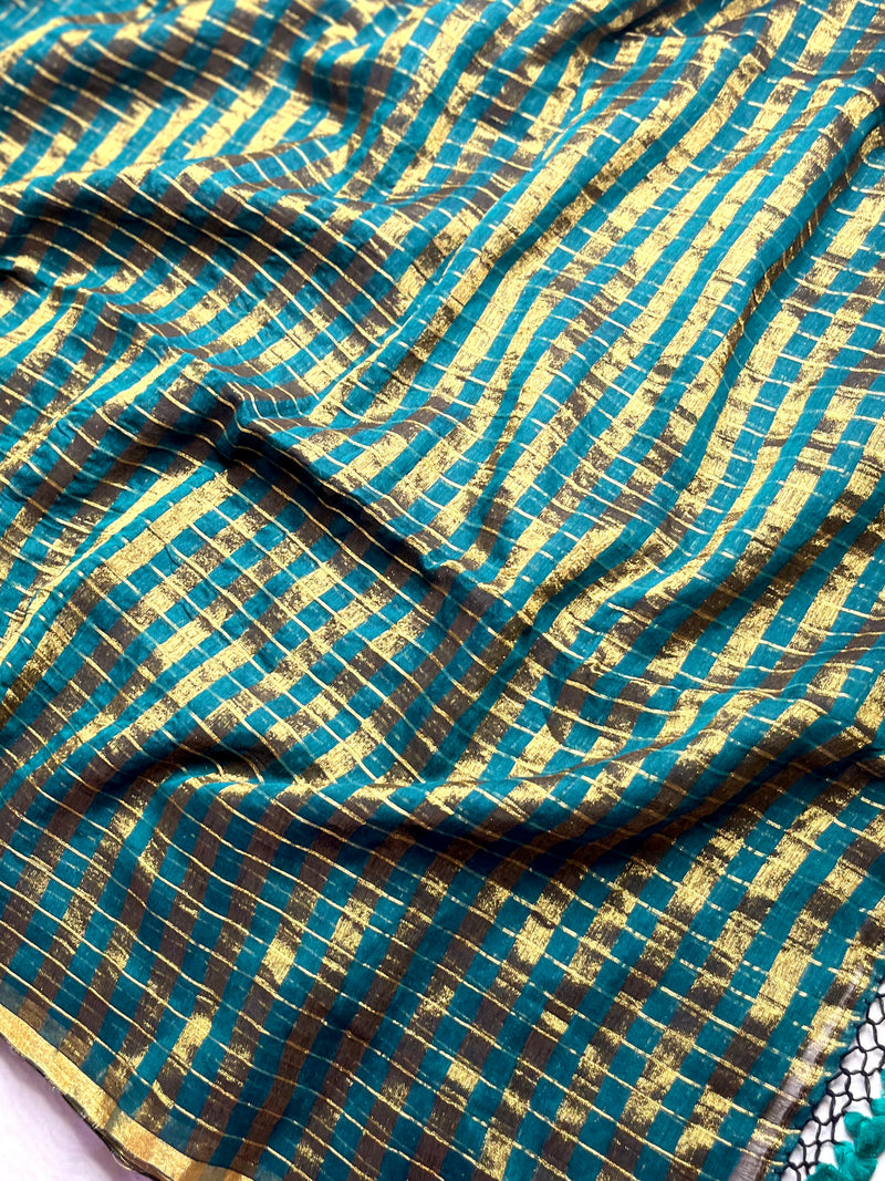 Handwoven Cotton Saree -  Teal Green + Gold