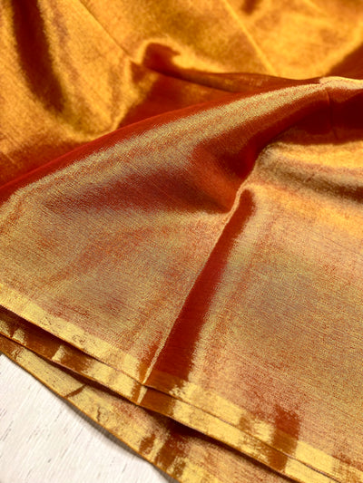 Handwoven Metallic Linen Tissue Saree - Tango Orange