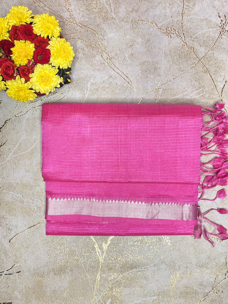 Handwoven Mangalgiri Silk Cotton Saree - Brilliant Rose + Silver