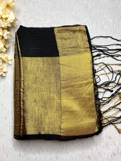 Handwoven Linen Saree - Russian Black + Gold