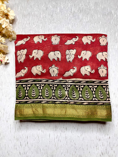 Handblock Printed Silk Cotton Saree - Crimson Red + Cream