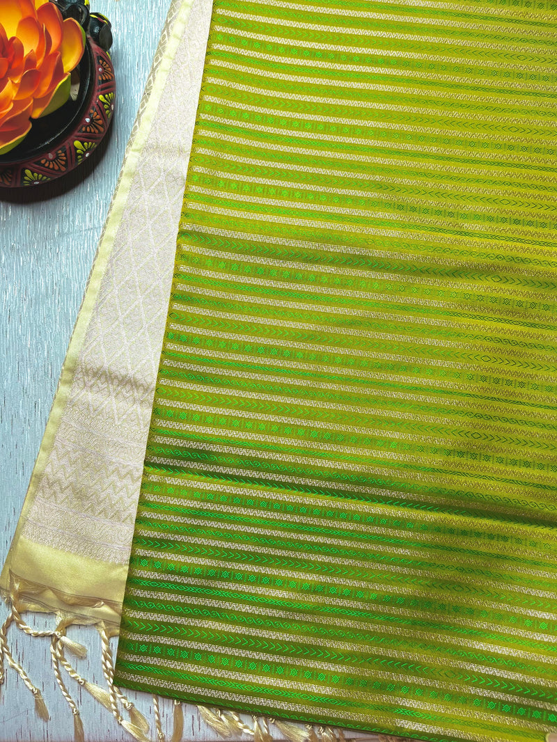 Soft Silk Saree  - Olivetone+ Mist Cream