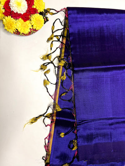 Handwoven Silk Cotton Saree - Royal Midnight Blue + Bright Sun