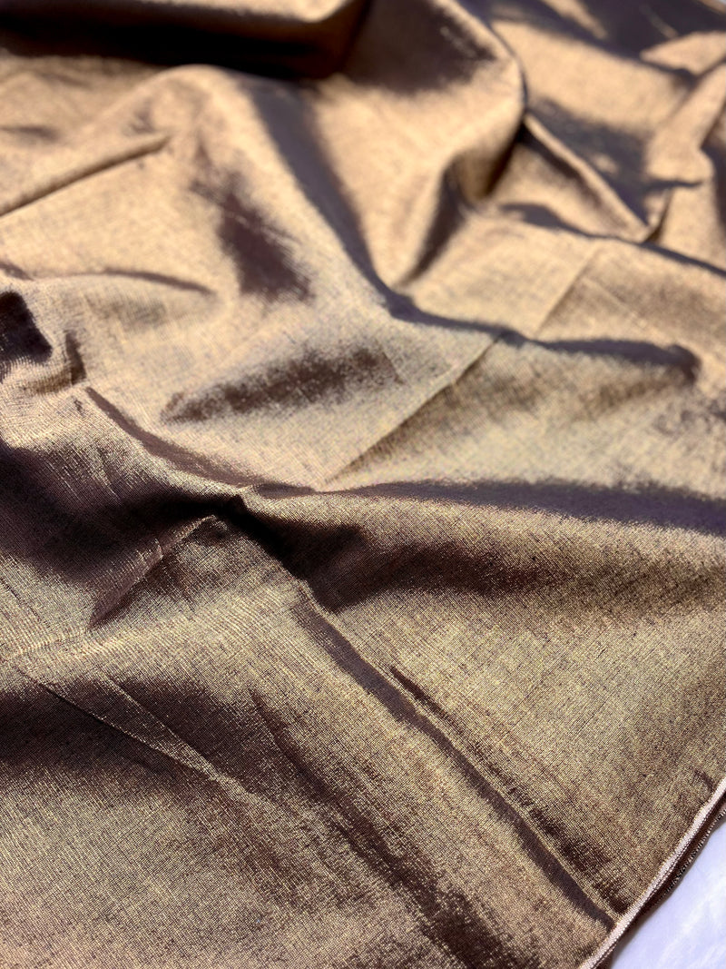 Handwoven Metallic Linen Tissue Saree - Rust Brown