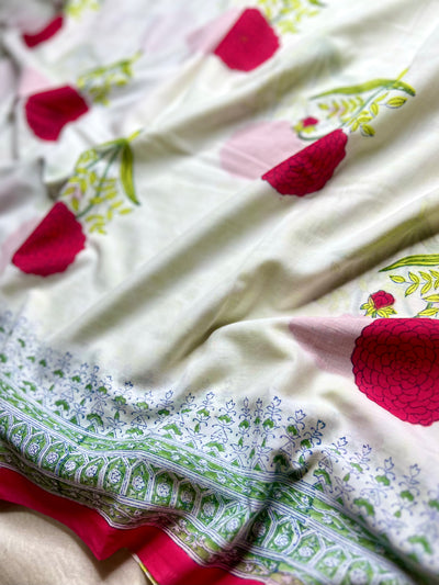 Handblock Printed Cotton Saree -  Titan White + Soft Green