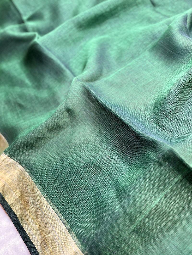 Handwoven Linen Saree - Bottle Green + Gold