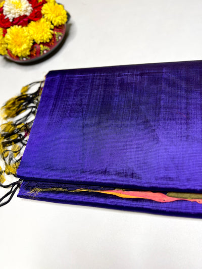 Handwoven Silk Cotton Saree - Royal Midnight Blue + Bright Sun