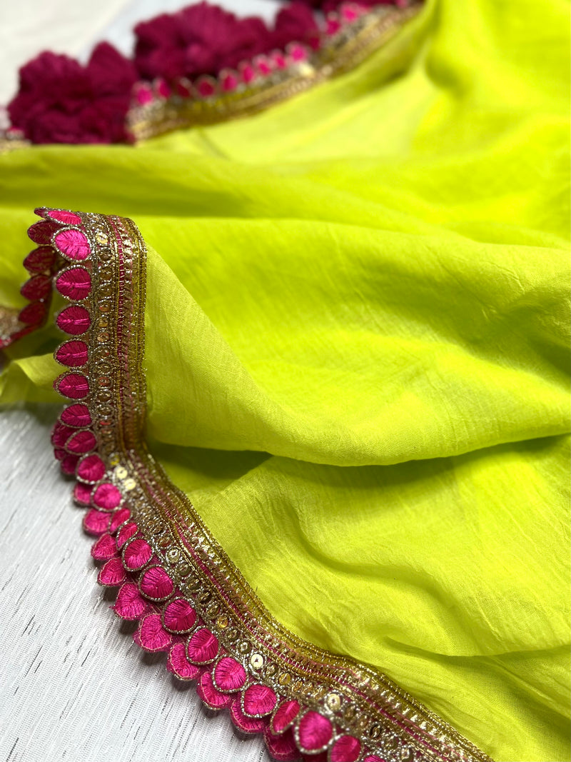 Handcrafted Cotton Saree - Bitter Lemon Yellow+ Persian Rose