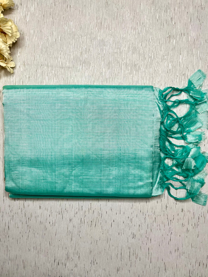 Handwoven silk cotton saree - Pale Turquoise + Tissue Grey