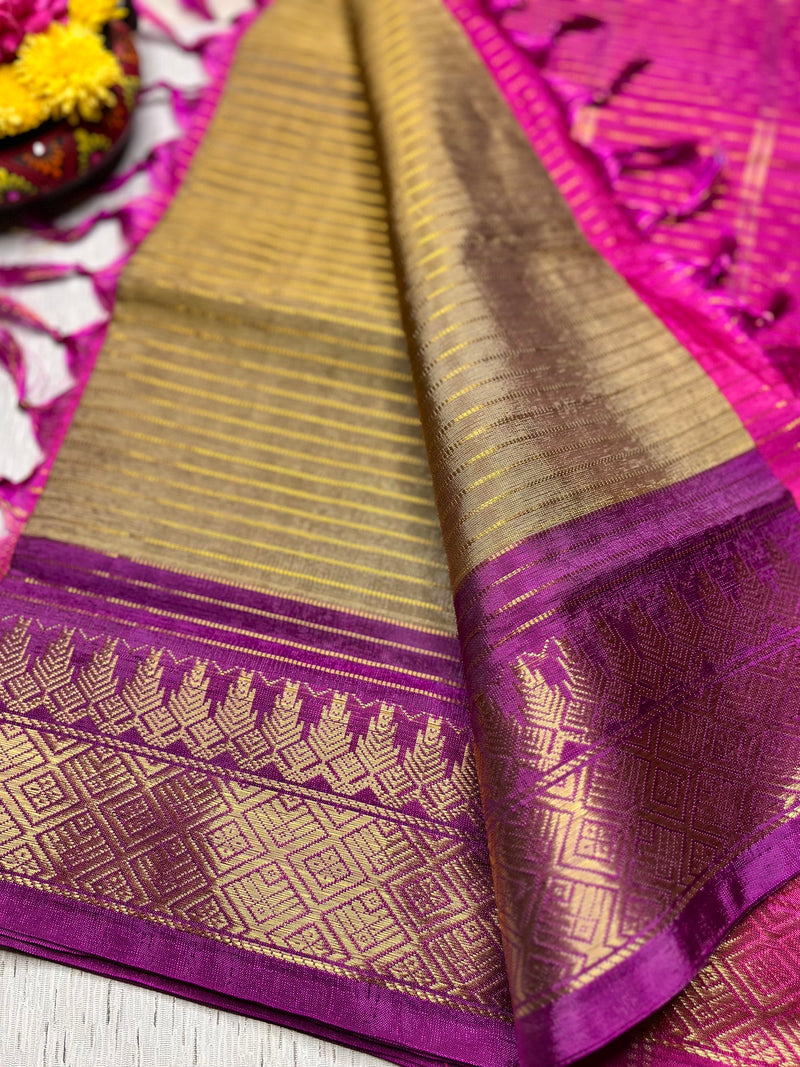 Handwoven Art Silk Saree -  Husk Brown + French Rose