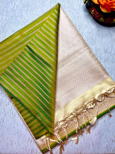 Soft Silk Saree  - Olivetone+ Mist Cream