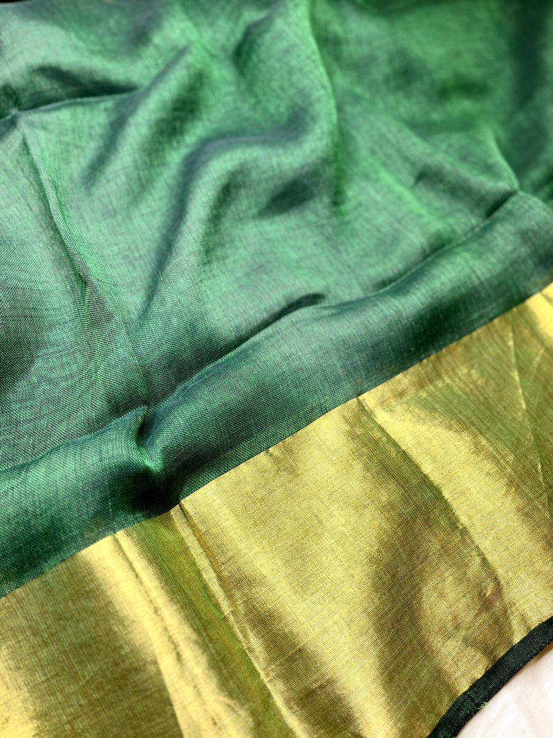 Handwoven Linen Saree - Bottle Green + Gold