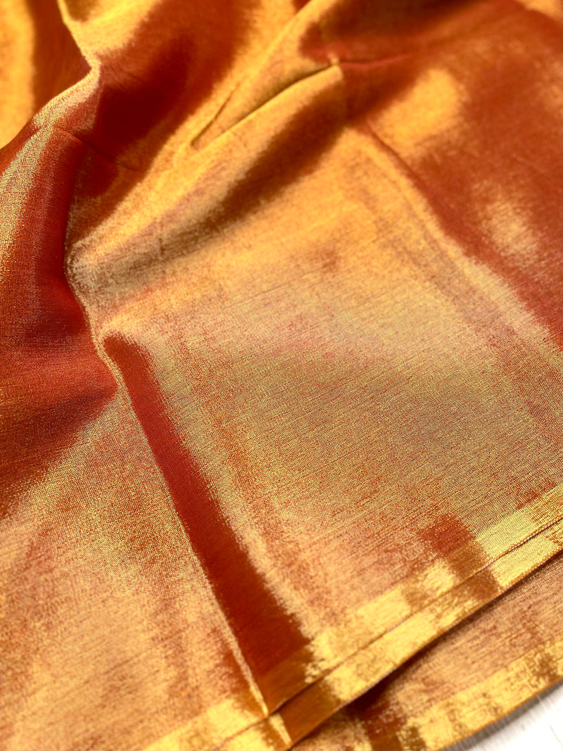 Handwoven Metallic Linen Tissue Saree - Tango Orange