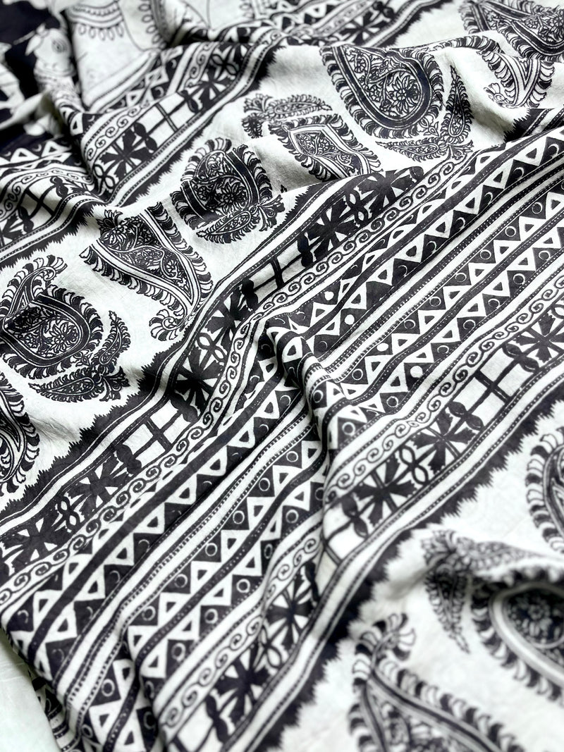 Handcrafted Kalamkari Cotton Saree - Smokey Black + Soft Cream
