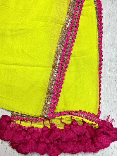 Handcrafted Cotton Saree - Bitter Lemon Yellow+ Persian Rose