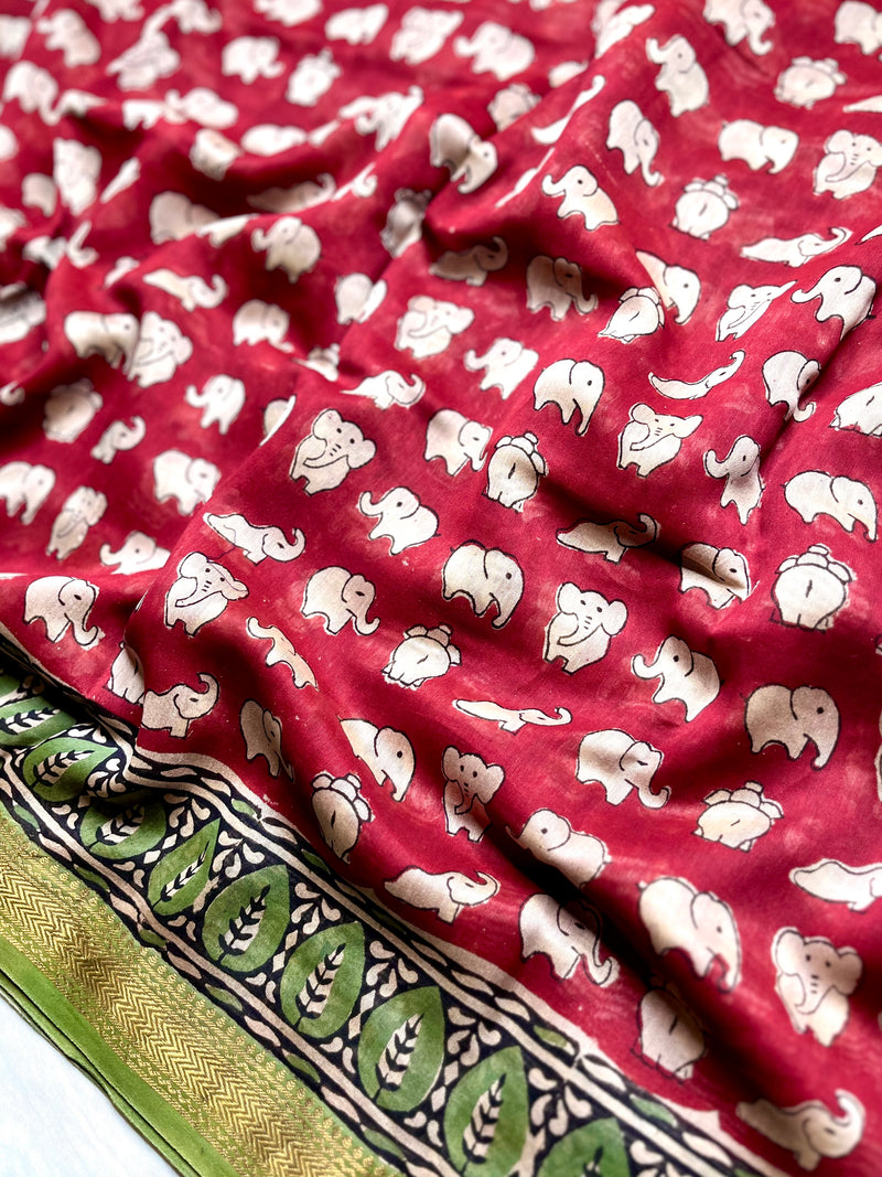 Handblock Printed Silk Cotton Saree - Crimson Red + Cream