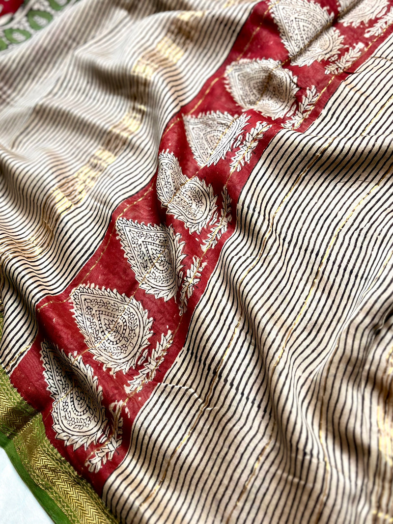 Handblock Printed Silk Cotton Saree - Crimson Red + Cream