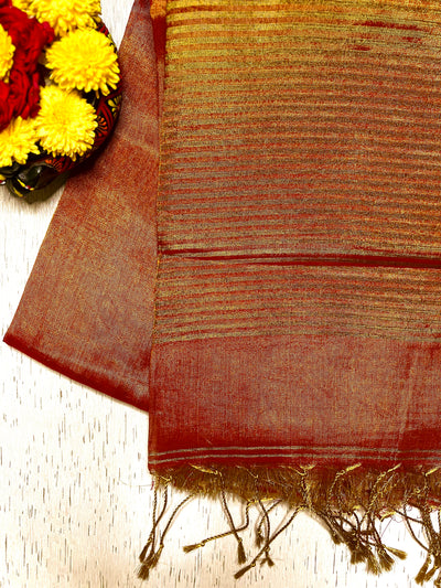 Handwoven Metallic Linen Tissue Saree - Tango Orange