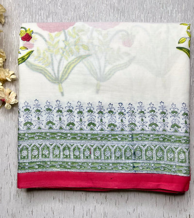 Handblock Printed Cotton Saree -  Titan White + Soft Green