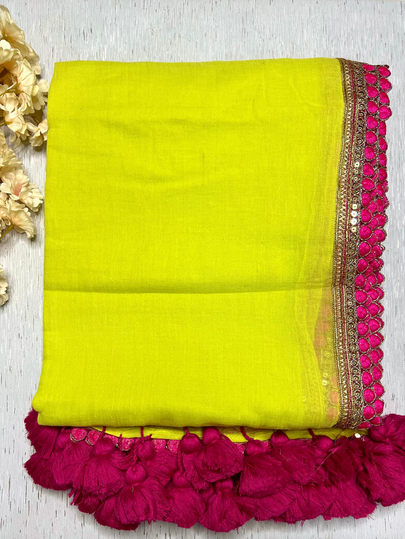 Handcrafted Cotton Saree - Bitter Lemon Yellow+ Persian Rose