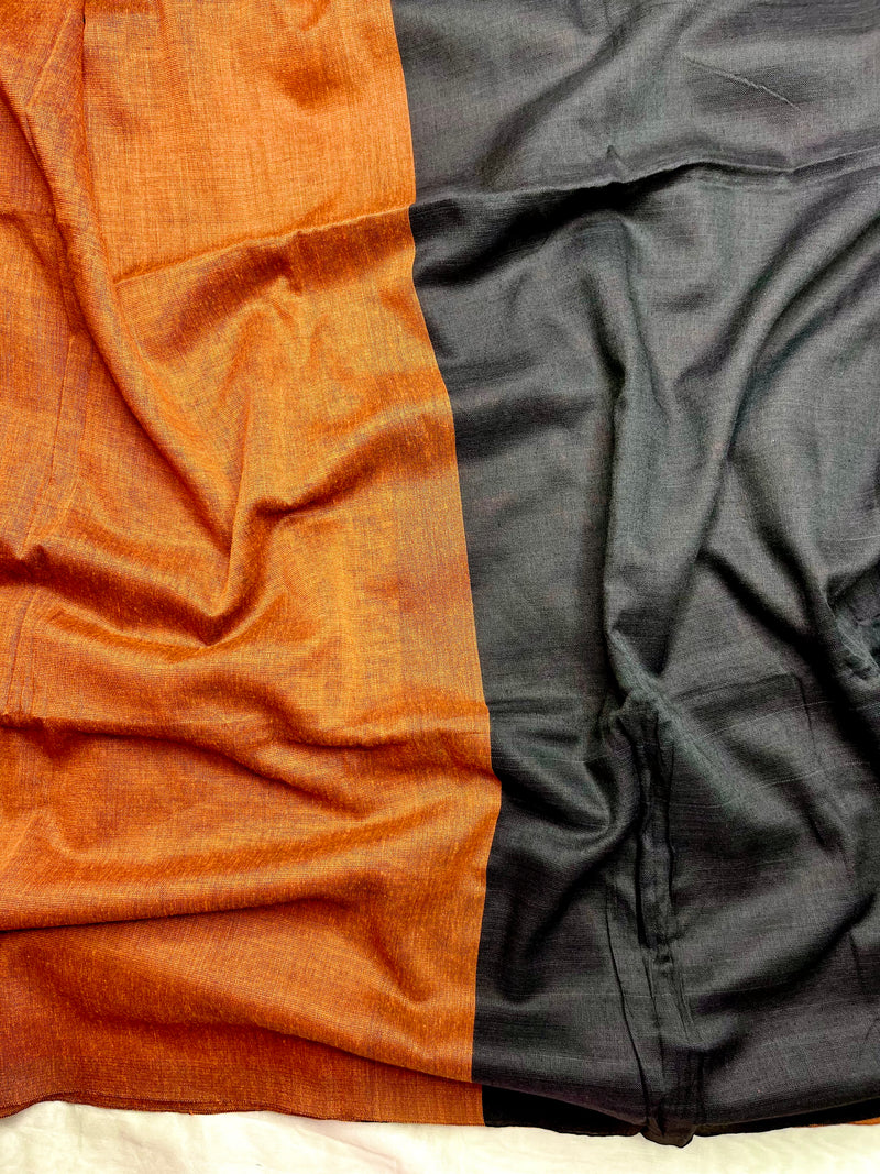 Khadi Cotton Saree - Thunderbird Orange+ Russian Black