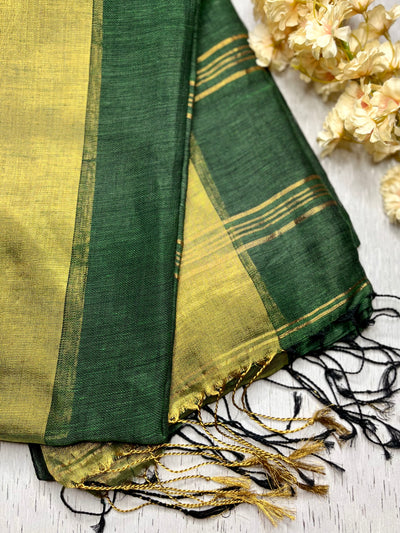 Handwoven Linen Saree - Bottle Green + Gold