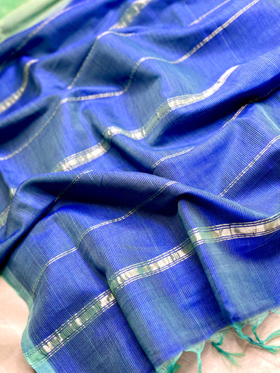 Handwoven Mangalgiri Silk Cotton Saree - Aqua Green + Havelock Blue