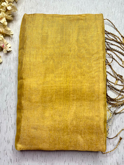 Handwoven Metallic Linen Tissue Saree - Fuel Yellow+ Gold