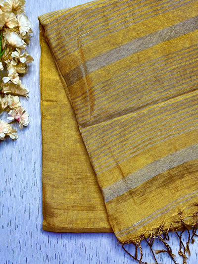 Handwoven Metallic Linen Tissue Saree - Fuel Yellow+ Gold