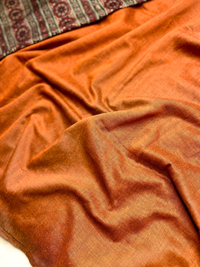 Khadi Cotton Saree - Thunderbird Orange+ Russian Black