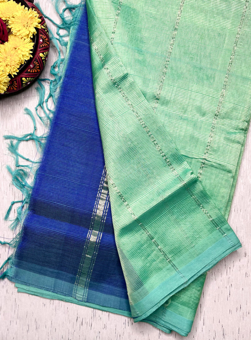 Handwoven Mangalgiri Silk Cotton Saree - Aqua Green + Havelock Blue