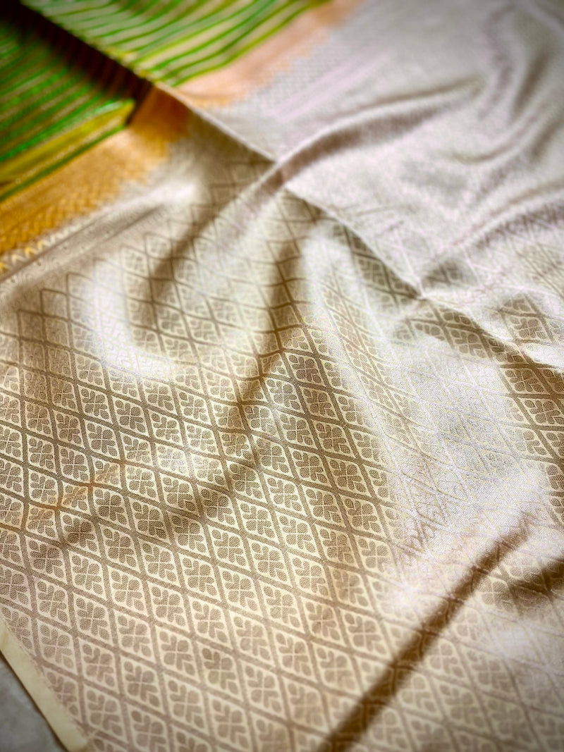 Soft Silk Saree  - Olivetone+ Mist Cream