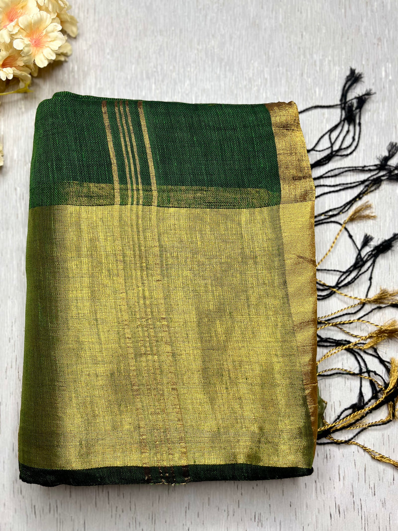 Handwoven Linen Saree - Bottle Green + Gold