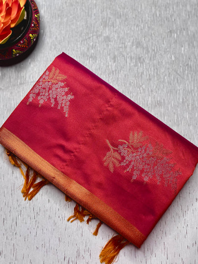 Soft Silk Saree  - Cerise Red + Golden Bell