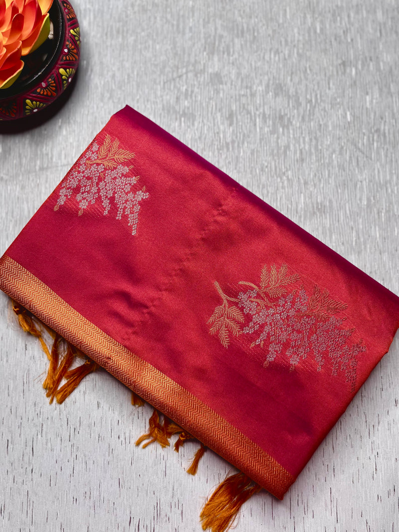 Soft Silk Saree  - Cerise Red + Golden Bell