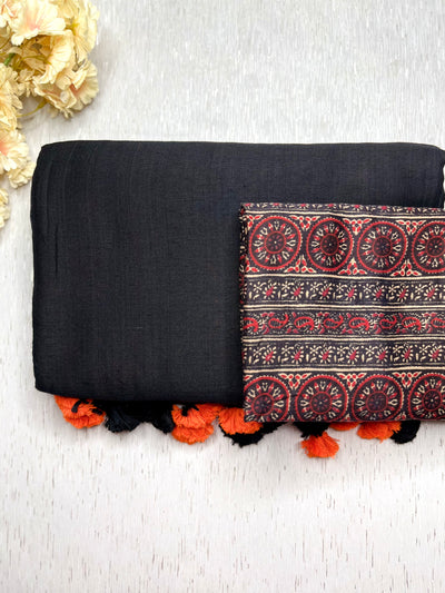 Khadi Cotton Saree - Thunderbird Orange+ Russian Black