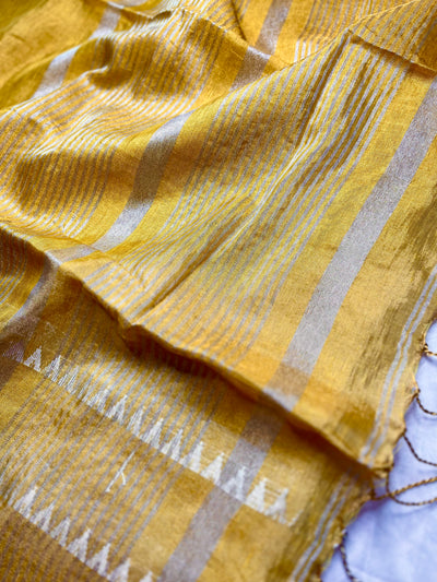 Handwoven Metallic Linen Tissue Saree - Fuel Yellow+ Gold