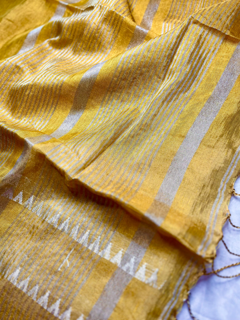 Handwoven Metallic Linen Tissue Saree - Fuel Yellow+ Gold