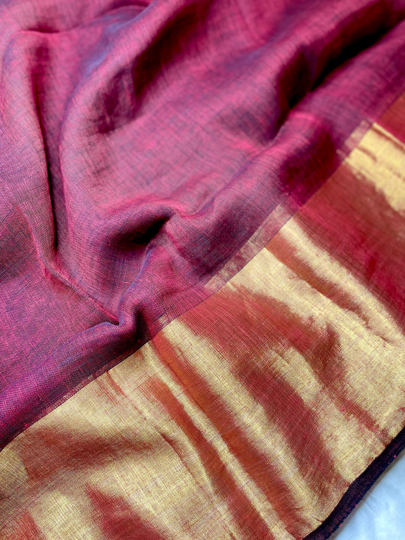 Handwoven Linen Saree - Flush Maroon + Gold