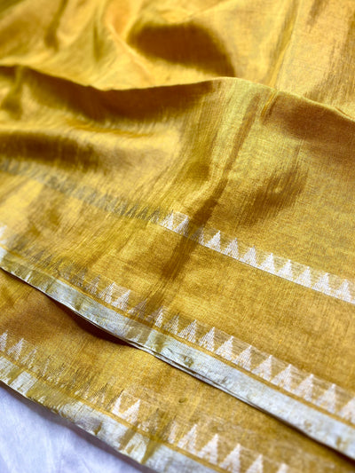 Handwoven Metallic Linen Tissue Saree - Fuel Yellow+ Gold