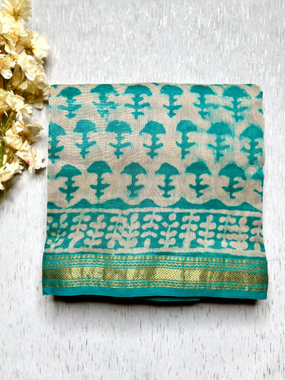 Handblock Printed Silk Cotton Saree - Charcoal Black + Pacific Green