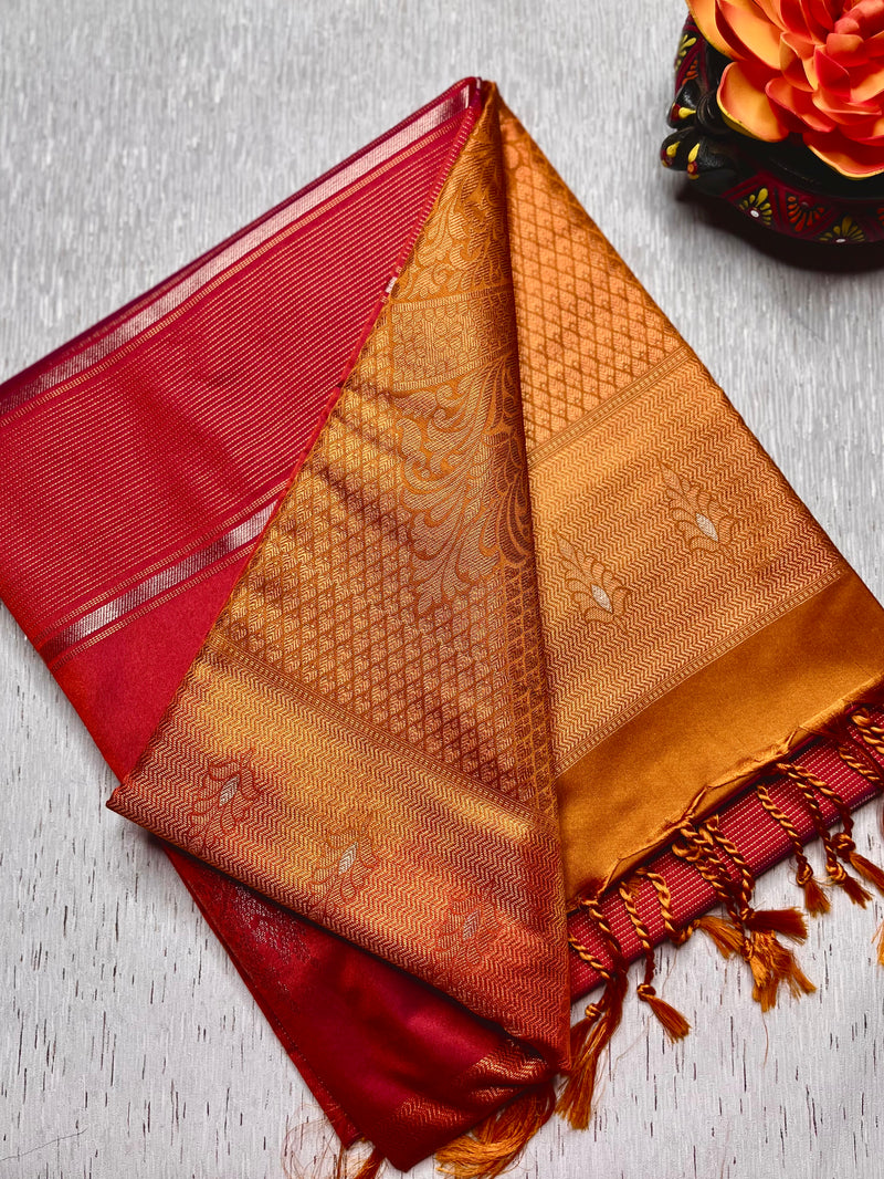 Soft Silk Saree  - Cerise Red + Golden Bell