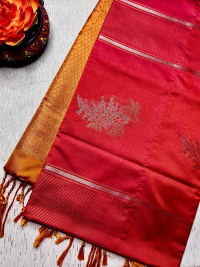 Soft Silk Saree  - Cerise Red + Golden Bell