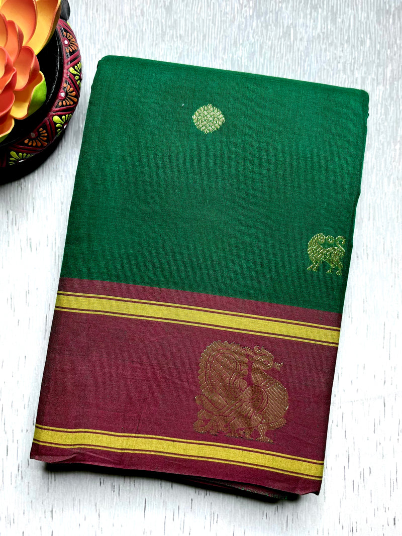 Kanchi Cotton Saree - Bottle Green  + Dark Burgundy