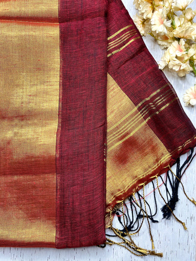 Handwoven Linen Saree - Flush Maroon + Gold