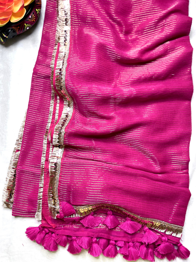 Handwoven Cotton Saree - Cerise Pink + Gold