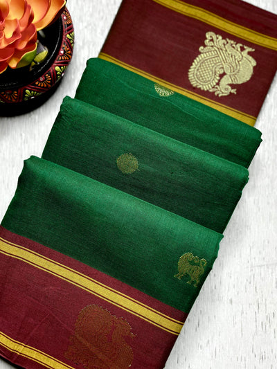 Kanchi Cotton Saree - Bottle Green  + Dark Burgundy