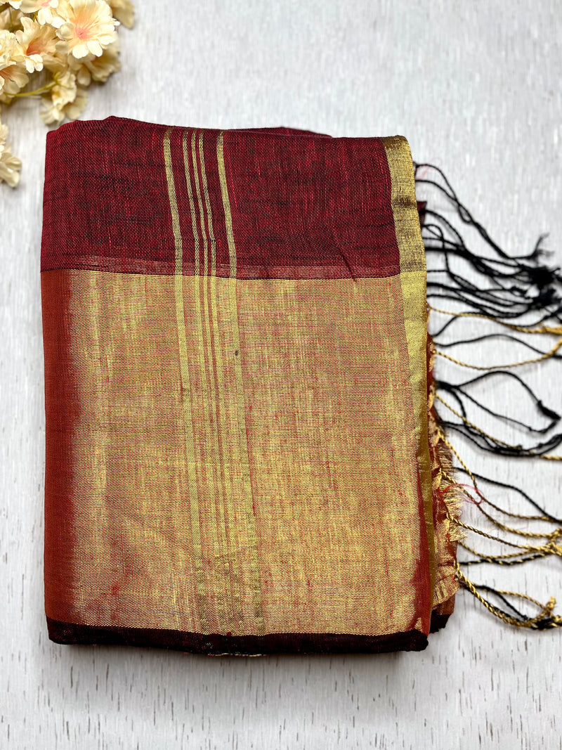 Handwoven Linen Saree - Flush Maroon + Gold