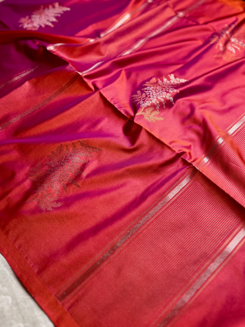 Soft Silk Saree  - Cerise Red + Golden Bell